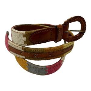 Artisan Multicolor Cotton Embroidered Brown Leather Buckle Belt Size Small